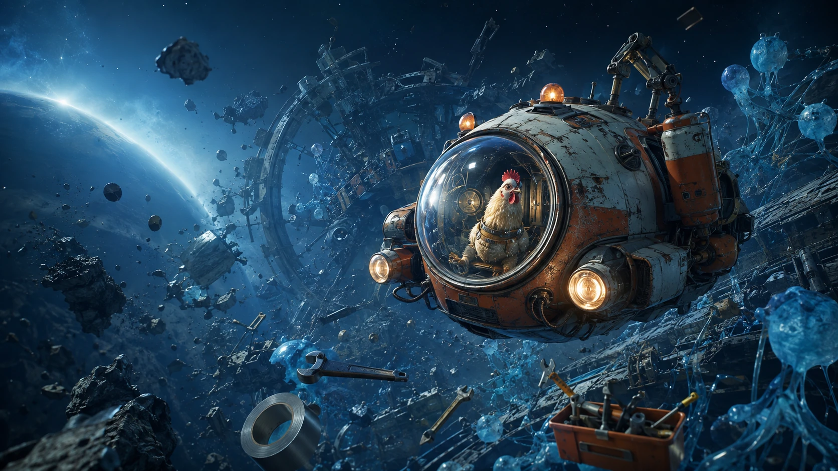 Breathedge 2 space capsule and chicken illustration
